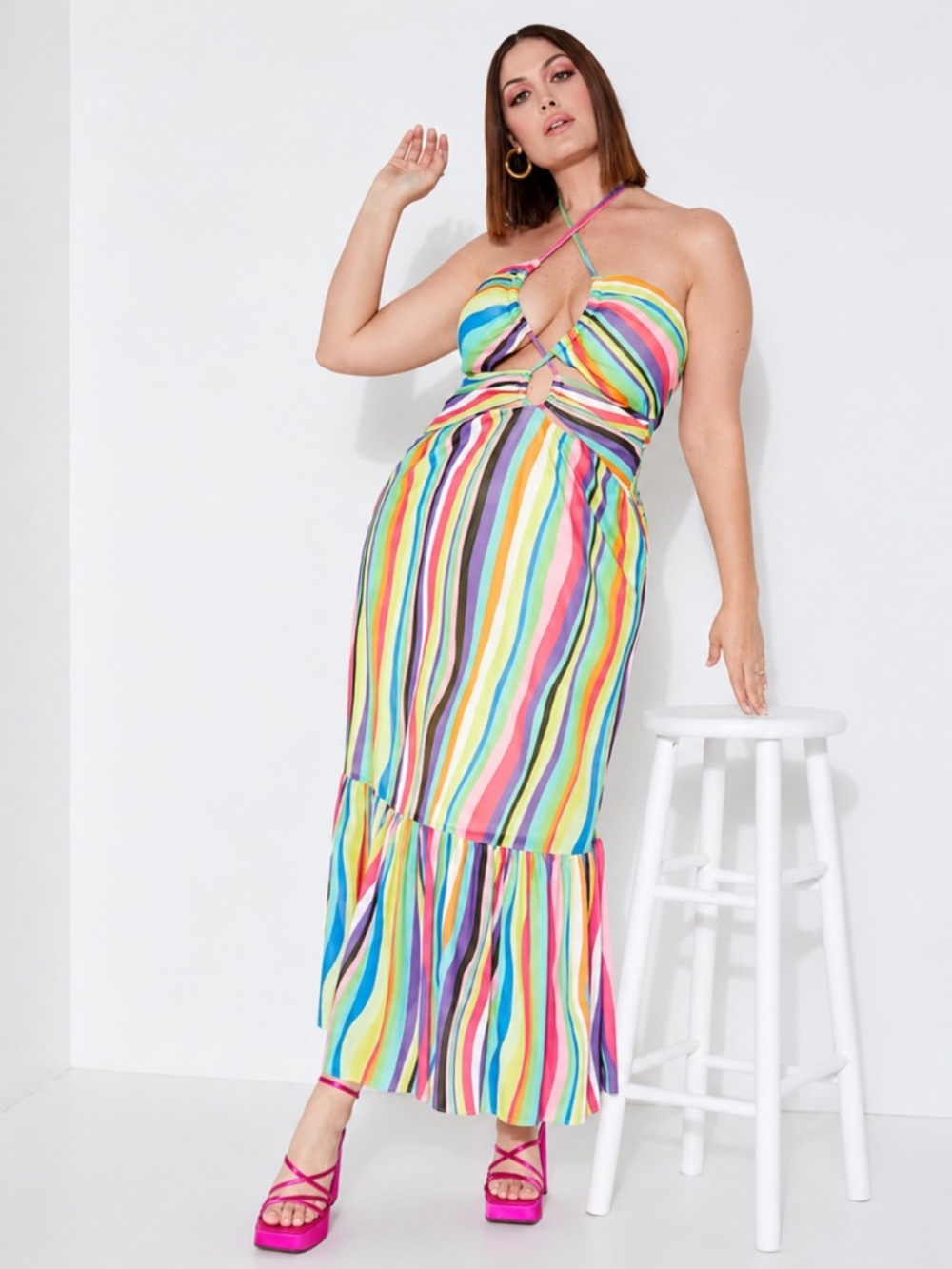 ELOQUII Liquid Rainbow Stripe Halter Cutout Mesh Maxi Dress 16